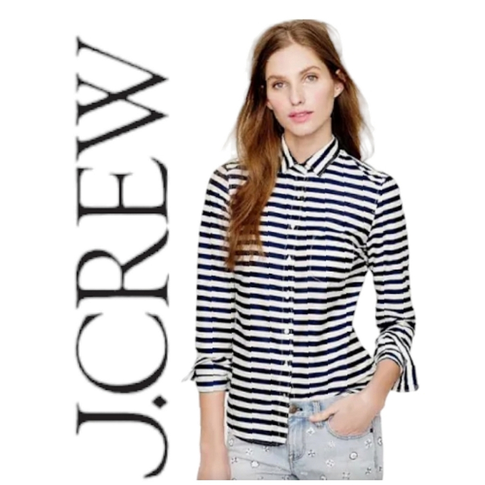 J.Crew Long Sleeve Buttondown Boy Shirt Ivory and Navy Stripe Sz 4